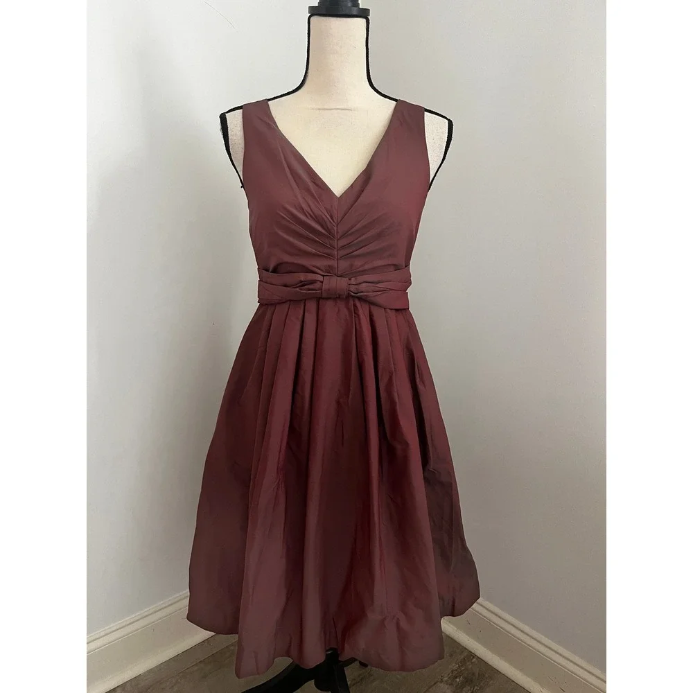 V-Neck Bow Cocktail Dress sz 0 Burgundy Wine Retro 60s Feminine Pinup Rockabilly